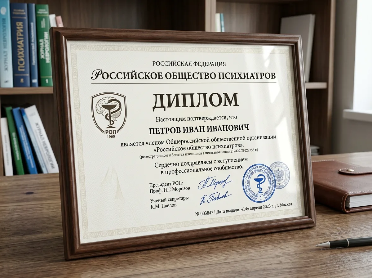 Диплом о членстве в Российском обществе психиатров, официальный документ с печатями профессиональной медицинской организации